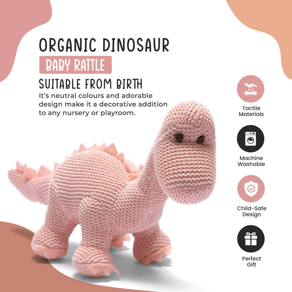 Best Years Ltd - Dinosaur Baby Rattle, Knitted Organic Cotton Pink Diplodocus