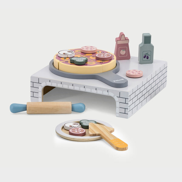 Toy pizza set with oven, pizza, and utensils on a white background