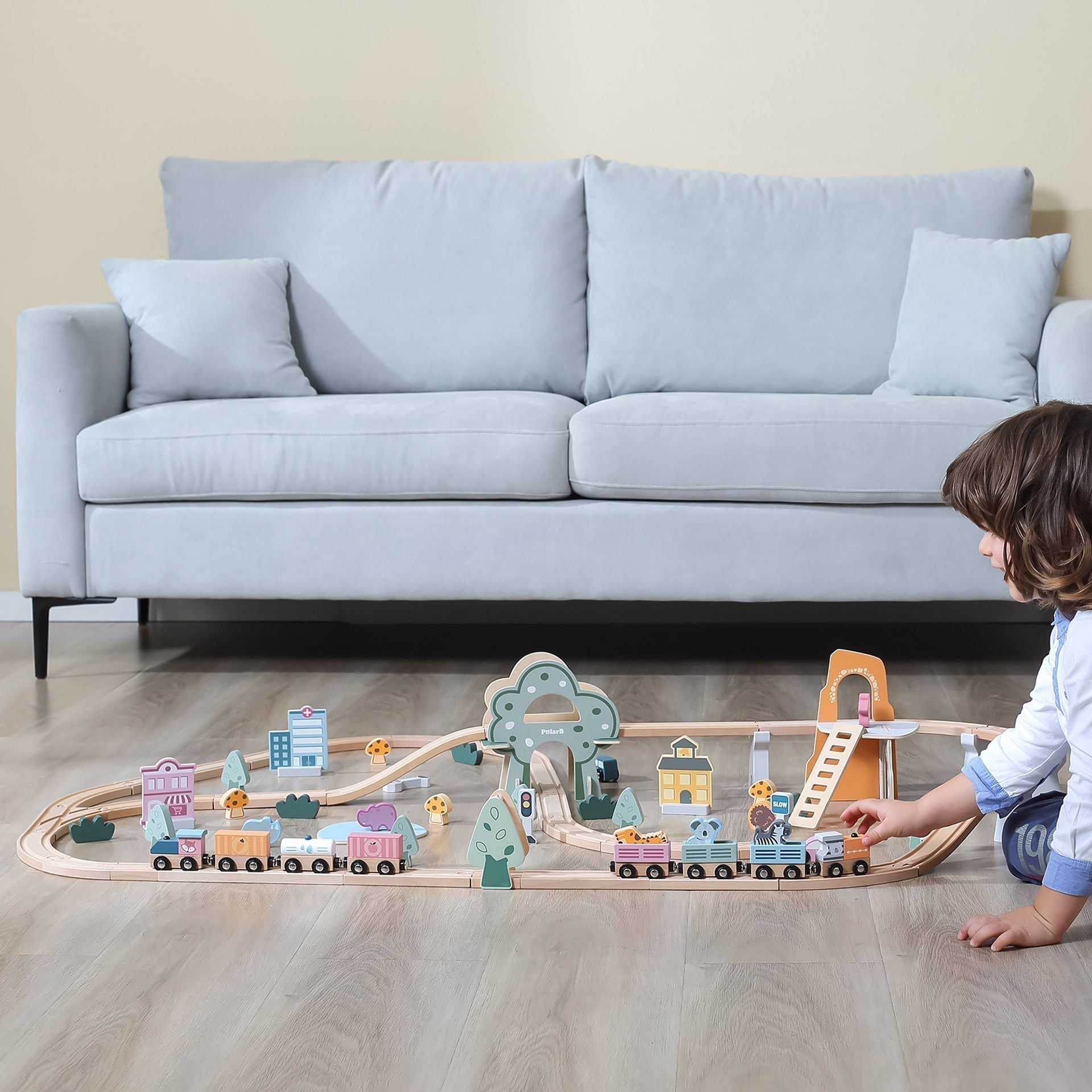 Wooden Train Set with Animals, Trees & Buildings