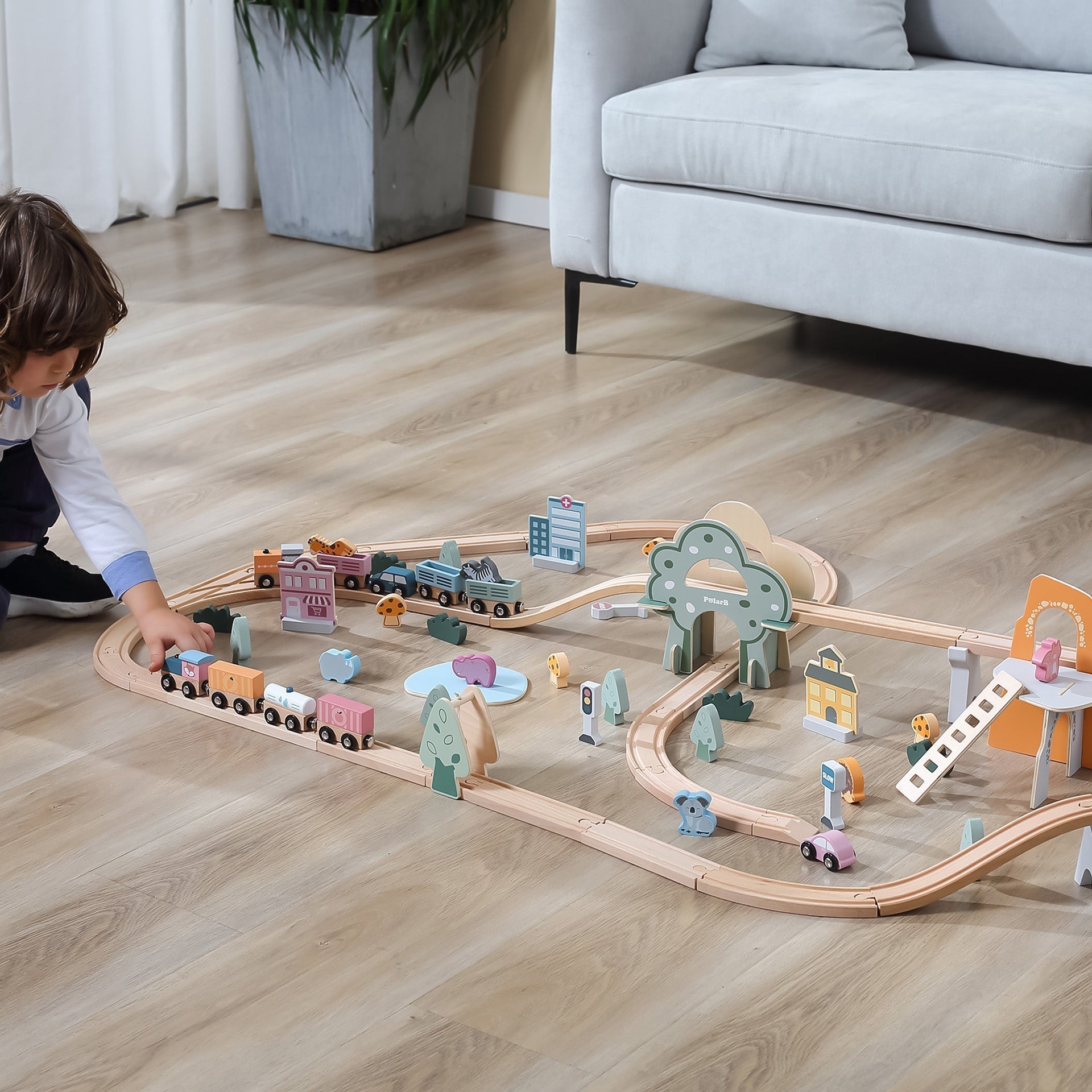 Wooden Train Set with Animals, Trees & Buildings
