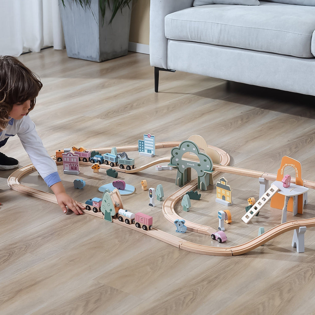 Wooden Train Set with Animals, Trees & Buildings