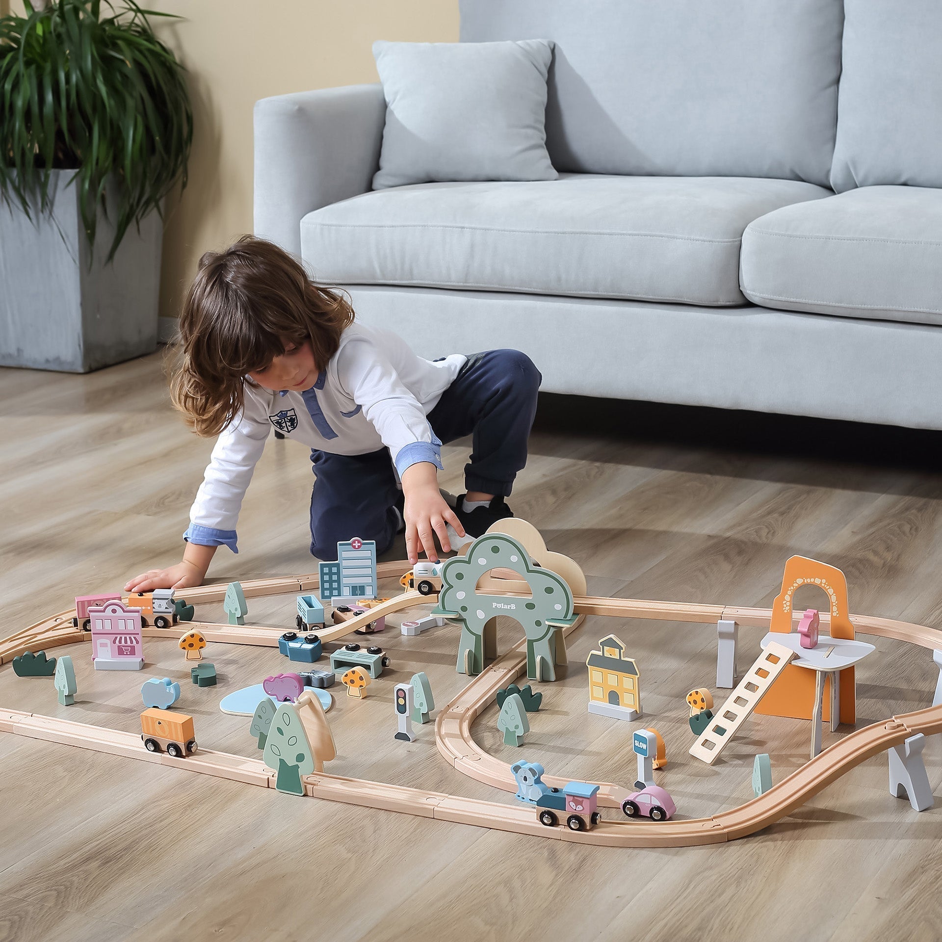 Wooden Train Set with Animals, Trees & Buildings