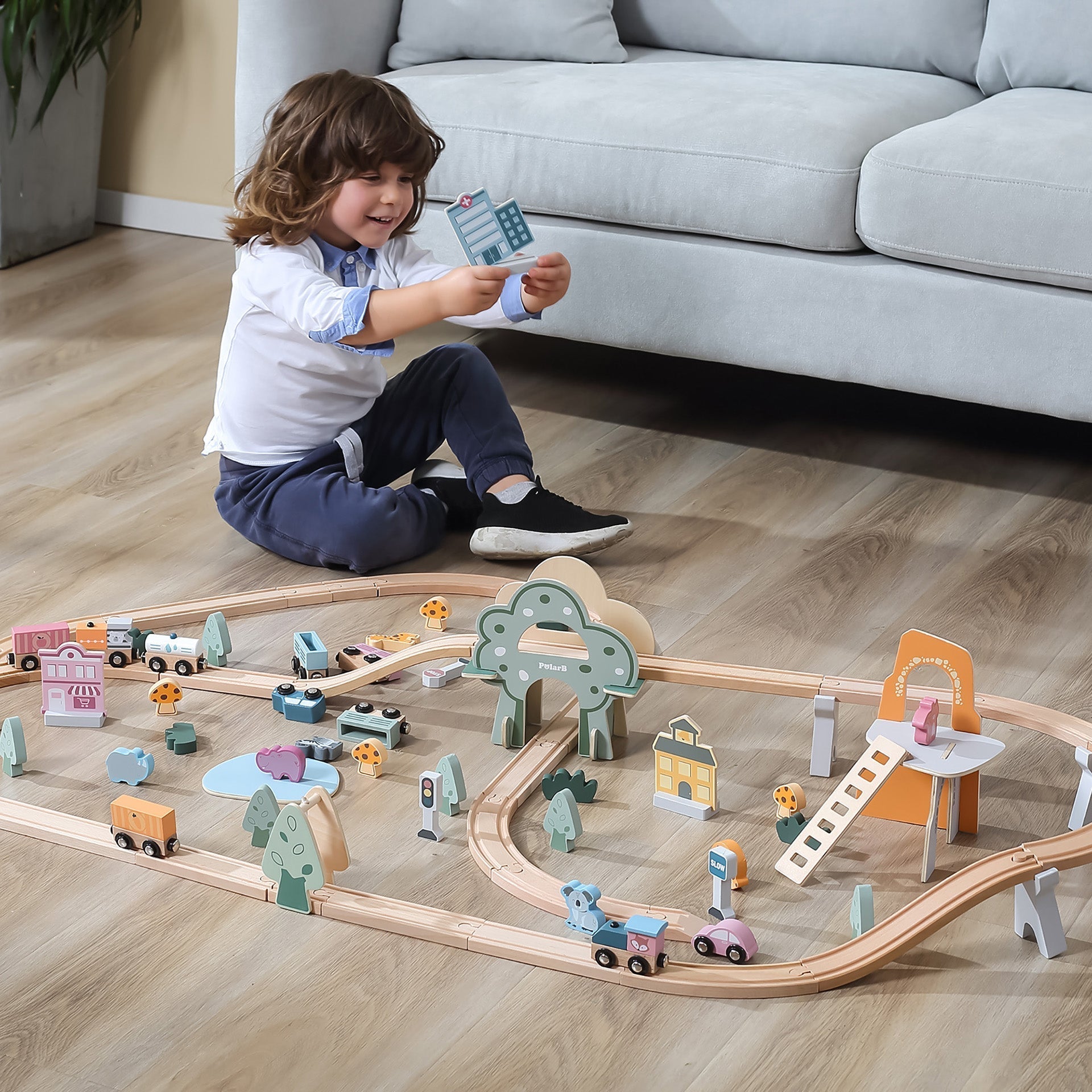 Wooden Train Set with Animals, Trees & Buildings