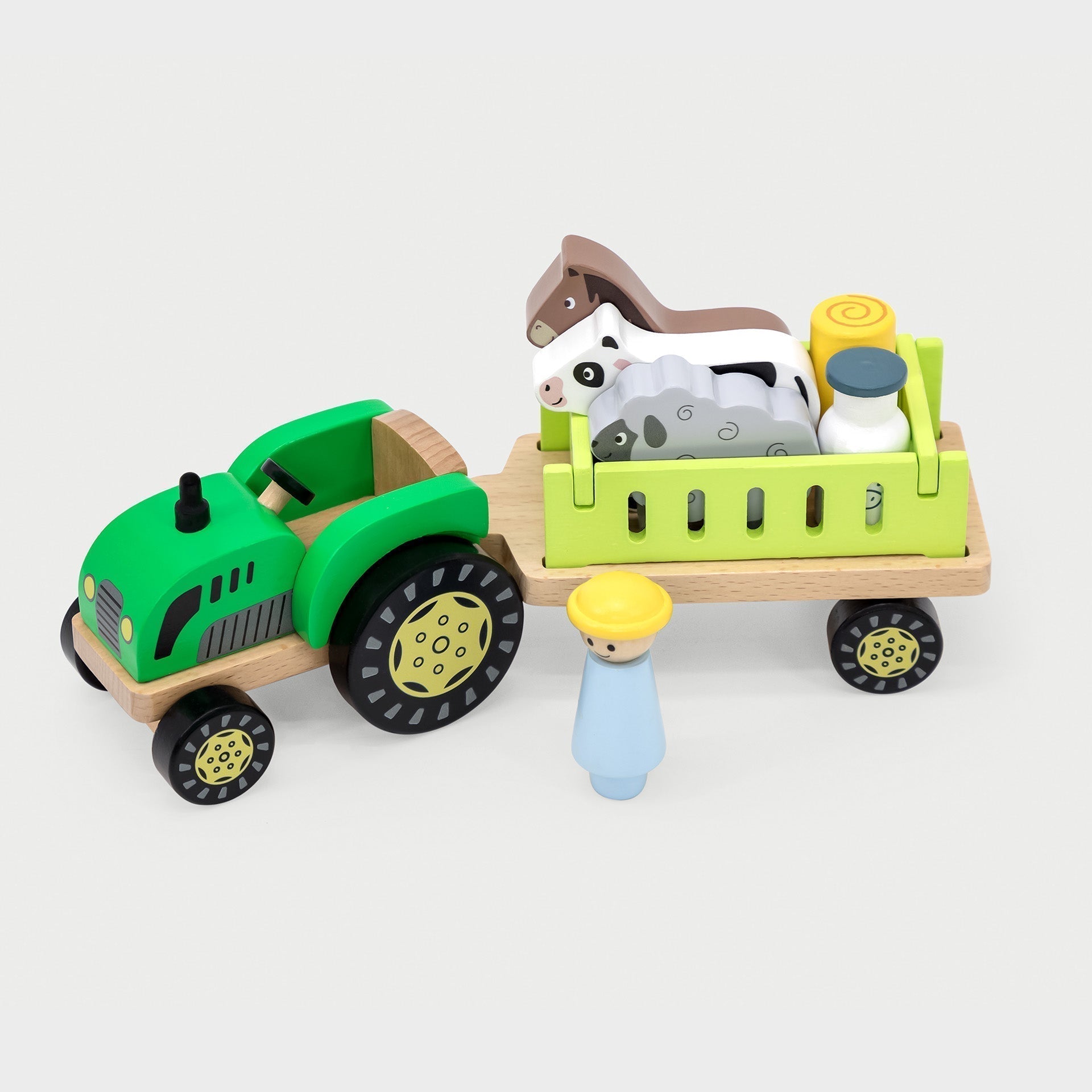 Wooden Farm Tractor with Trailer and Animals
