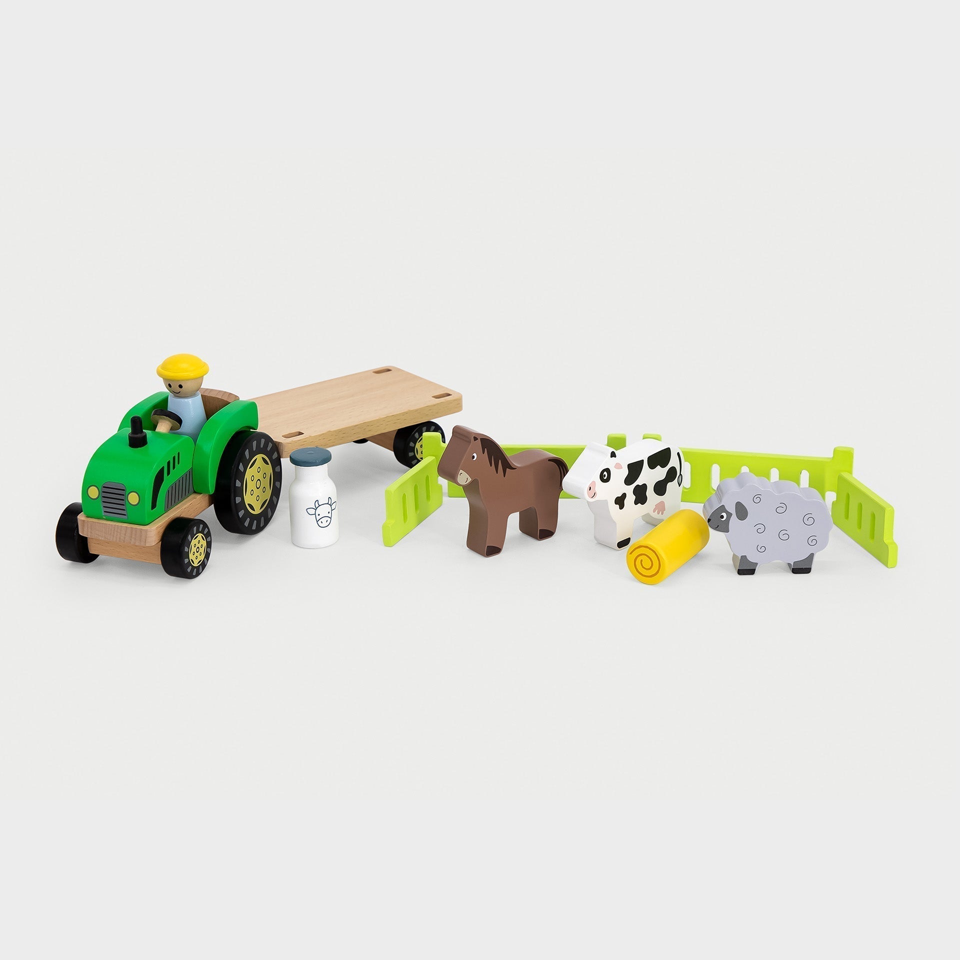 Wooden Farm Tractor with Trailer and Animals