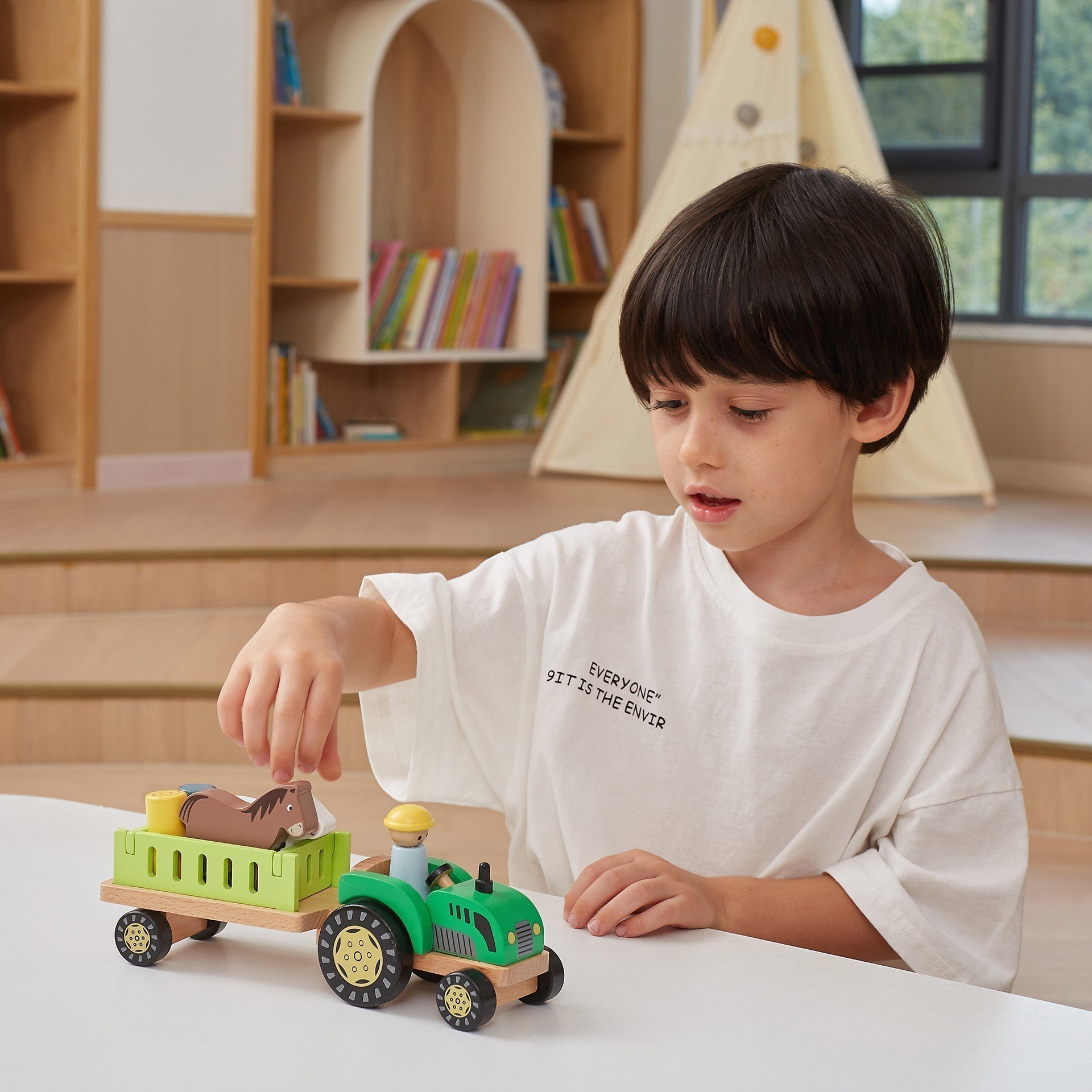 Wooden Farm Tractor with Trailer and Animals