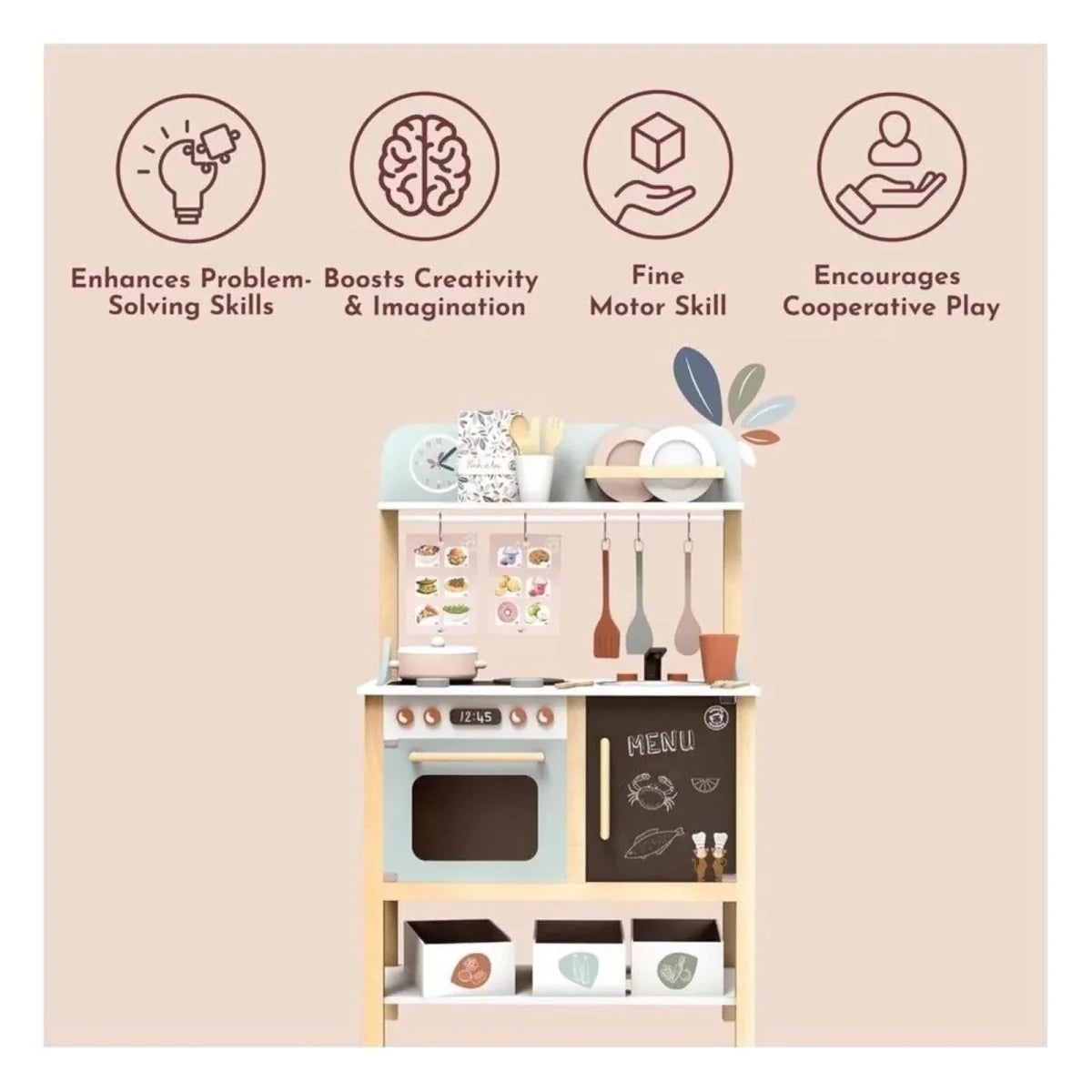 Speedy Monkey Wooden Play Kitchen with Accessories - 20 pcs