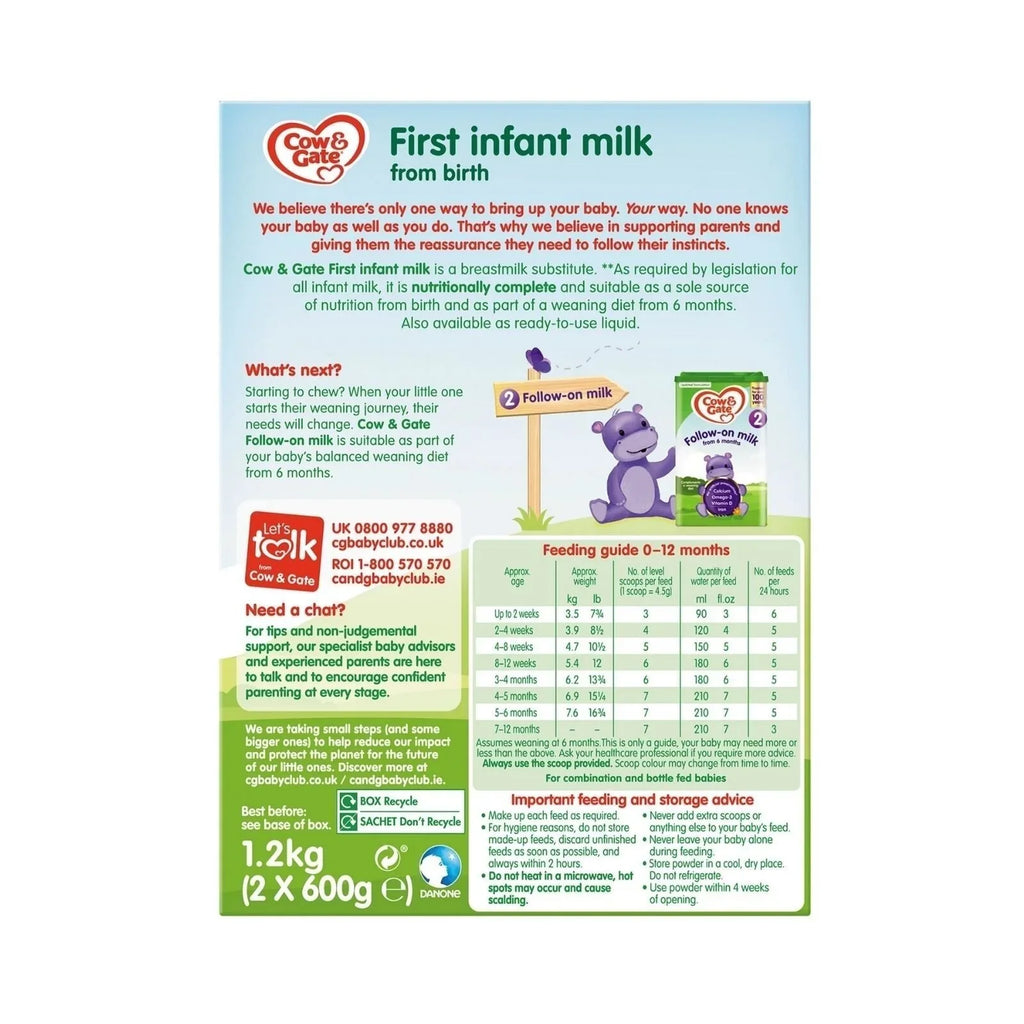 Cow and Gate 1 First Infant Milk Formula - from Birth 1.2kg (2x600g)