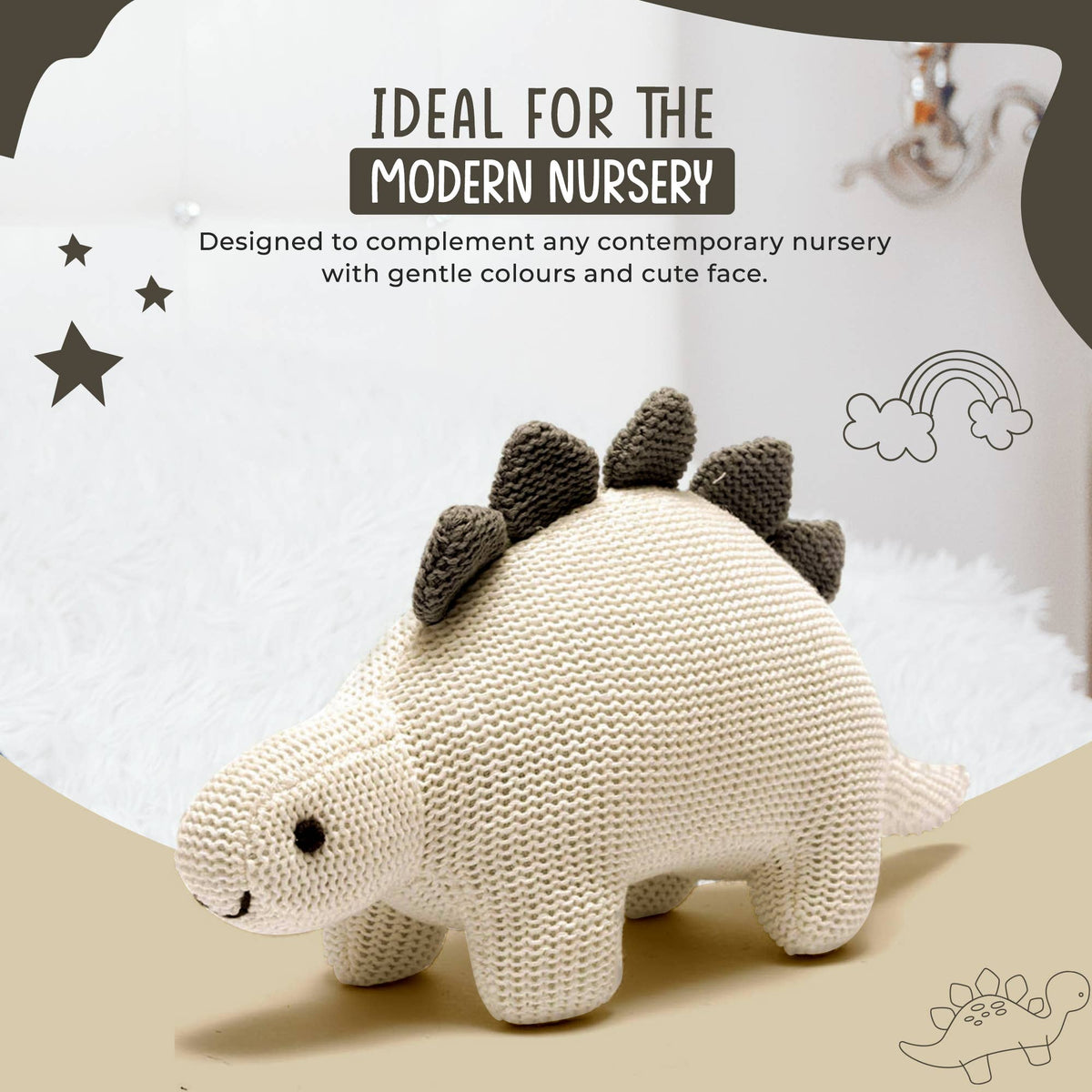 Best Years Ltd - Dinosaur Baby Rattle, Organic White Cotton Knit Stegosaurus