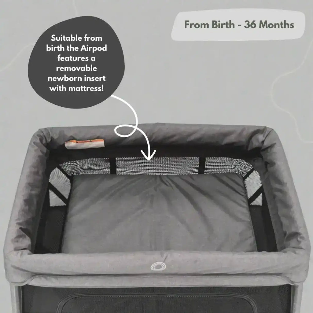Airpod 3 Travel Cot Includes Newborn Bassinet Insert - Dark Grey