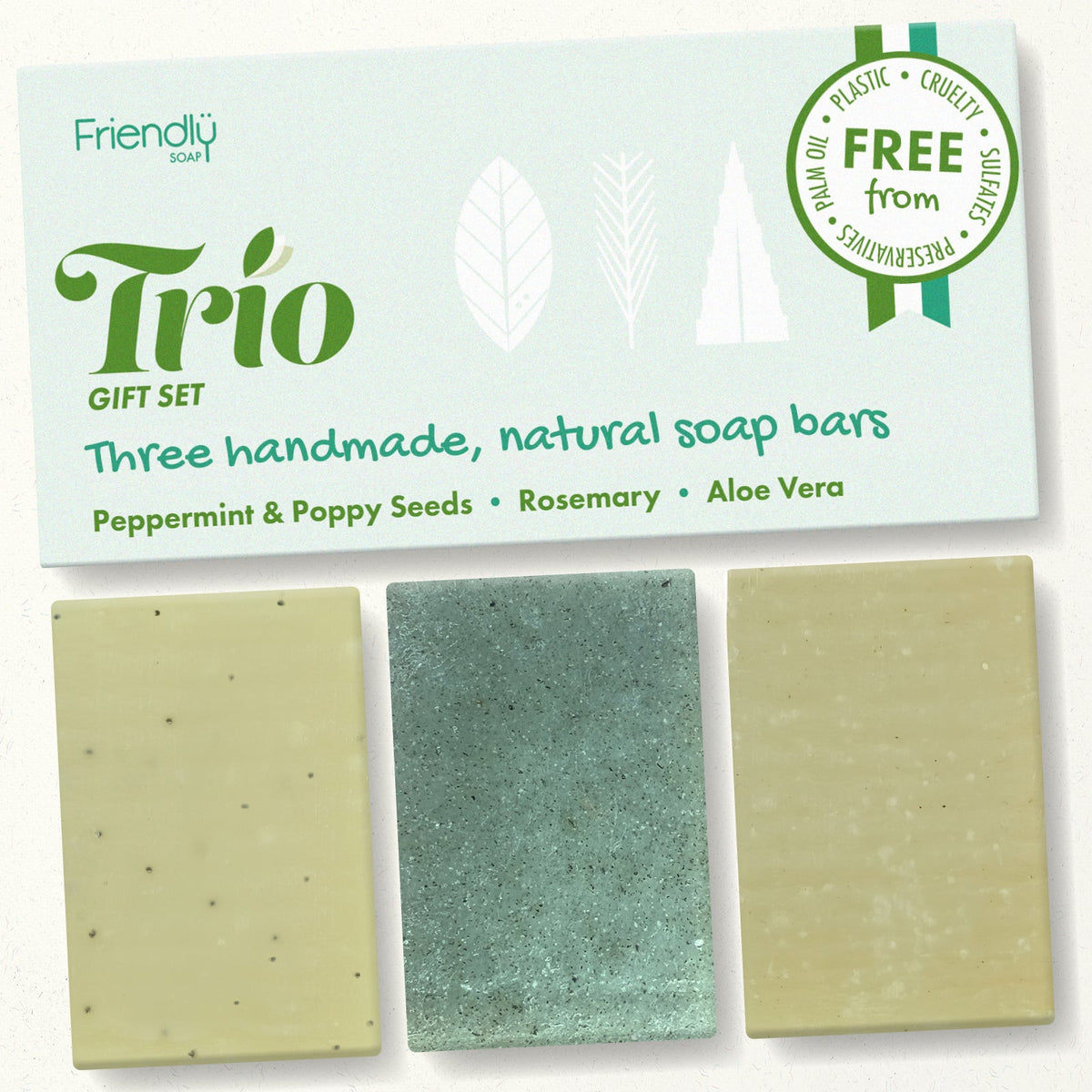 Friendly Soap - Soap Trio Gift Set - Peppermint & Poppy Seeds, Rosemary, Aloe Vera
