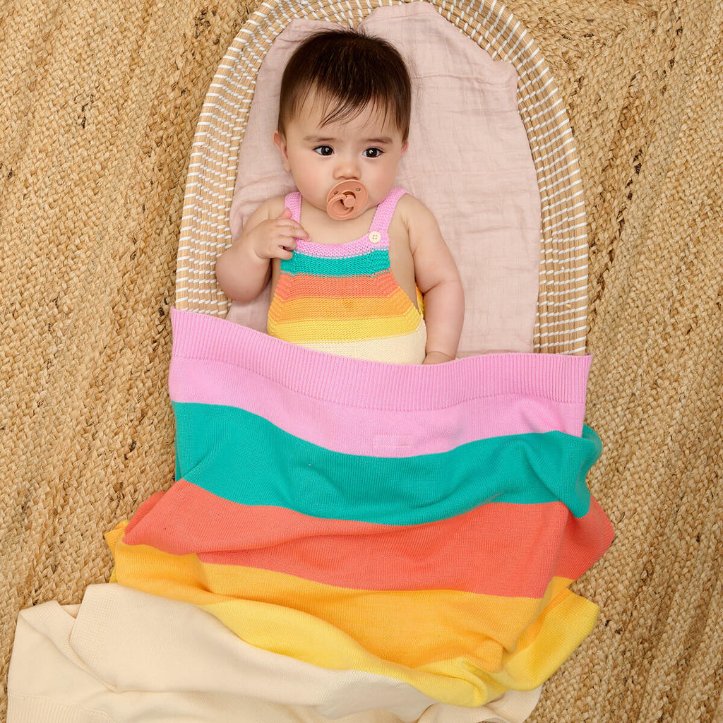 The bonniemob Personalised Pink Rainbow Stripe Organic Cotton Baby Blanket