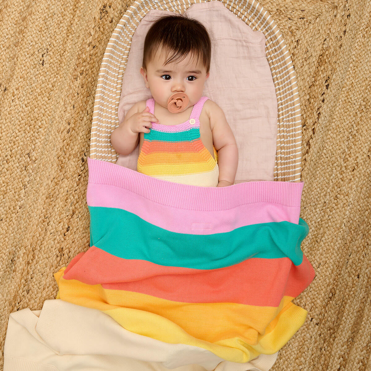 The bonniemob Personalised Pink Rainbow Stripe Organic Cotton Baby Blanket