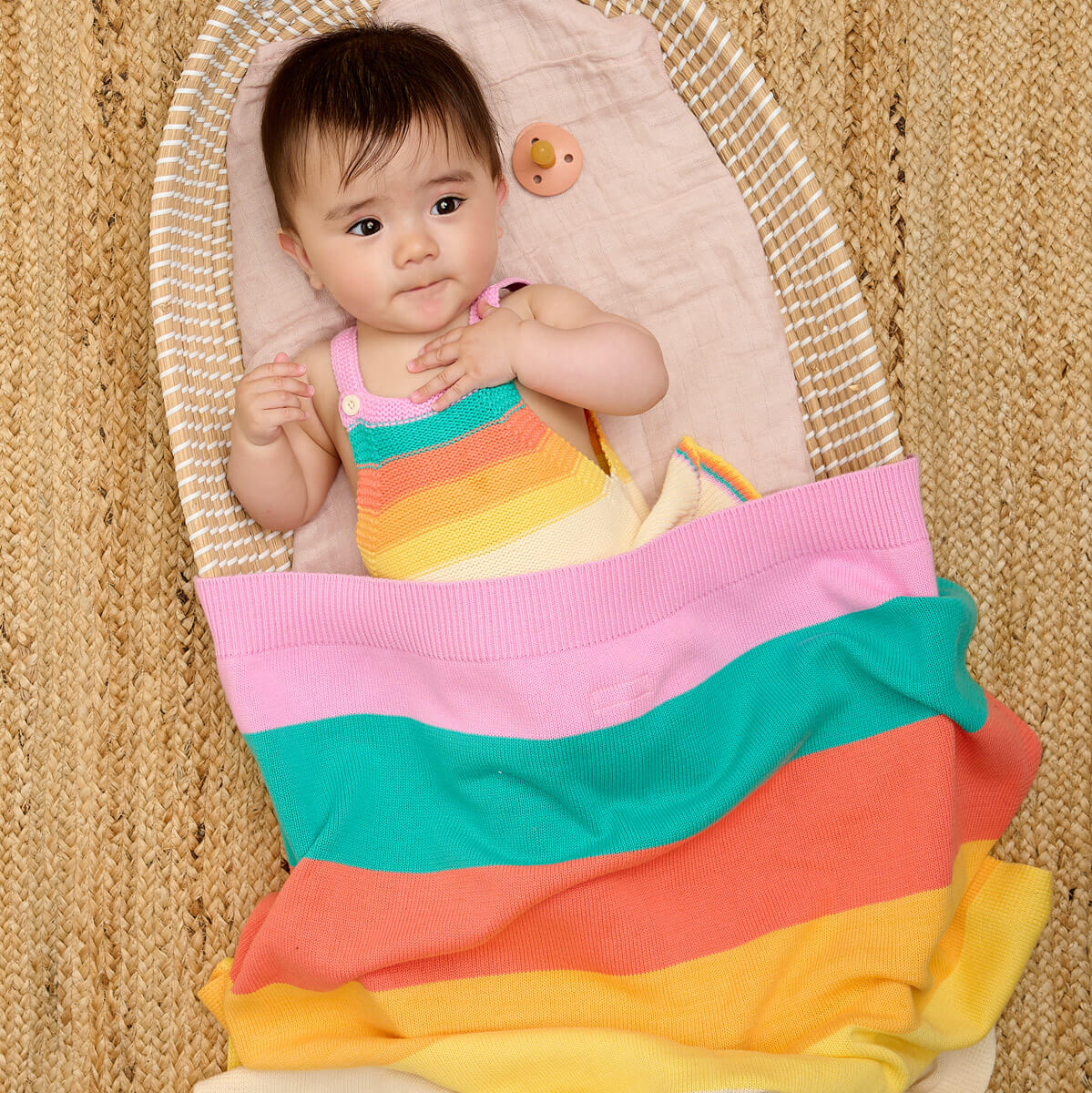 The bonniemob Personalised Pink Rainbow Stripe Organic Cotton Baby Blanket