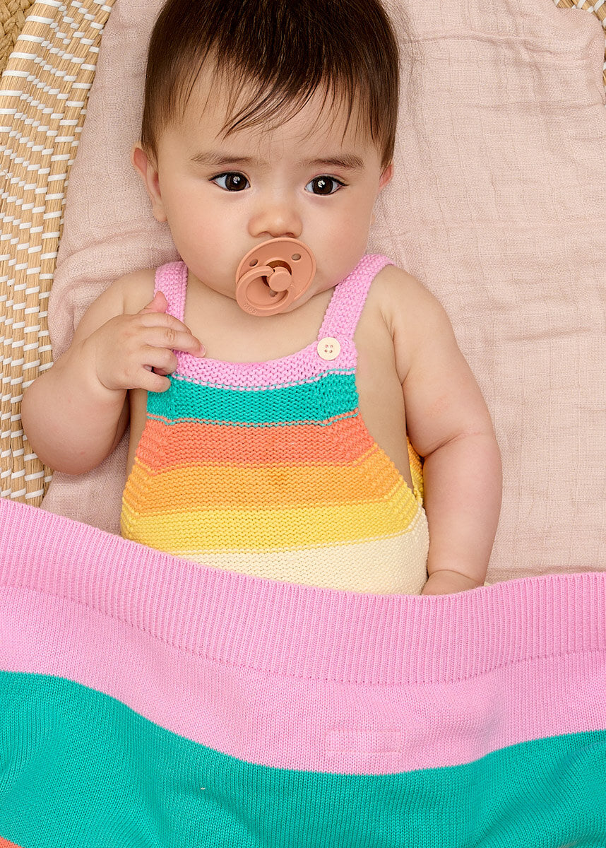The bonniemob Personalised Pink Rainbow Stripe Organic Cotton Baby Blanket