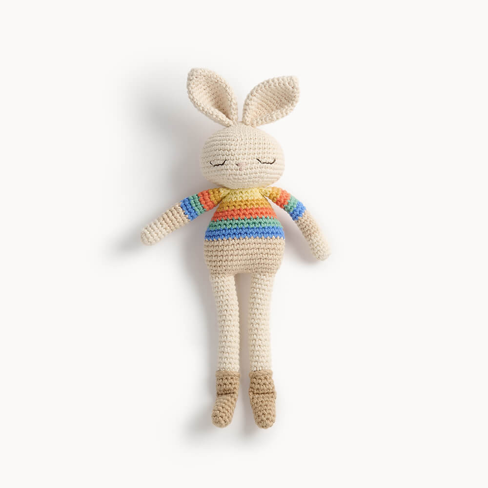 The bonniemob Organic Cotton Rainbow Stripe Bonnie Bunny Crochet Baby Toy