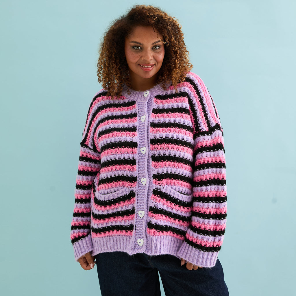 Cara & The Sky Bernice Stripe Cross Stitch Ladies Cardigan - Lilac