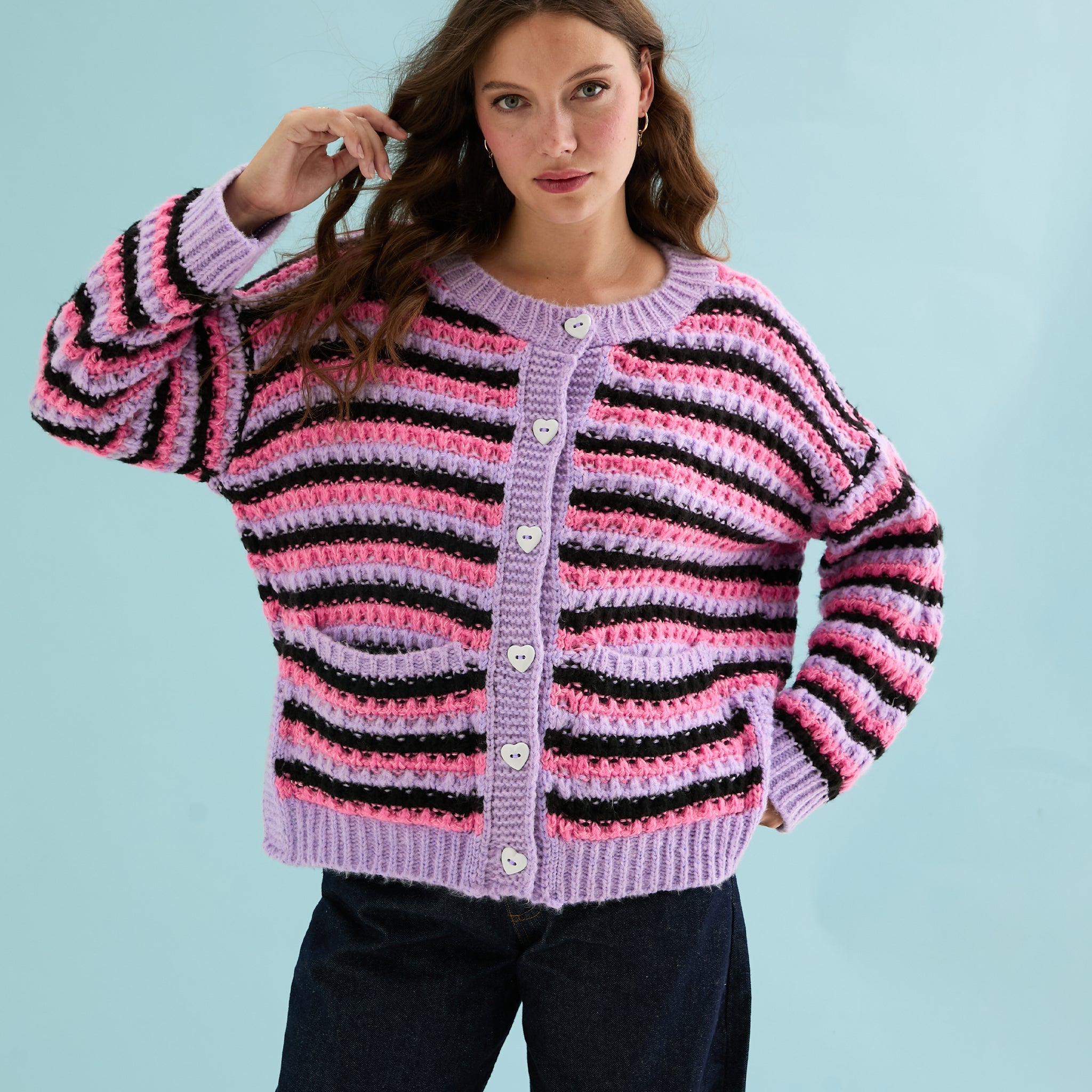 Cara & The Sky Bernice Stripe Cross Stitch Ladies Cardigan - Lilac