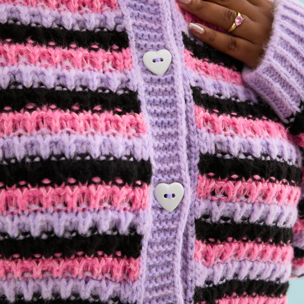 Cara & The Sky Bernice Stripe Cross Stitch Ladies Cardigan - Lilac