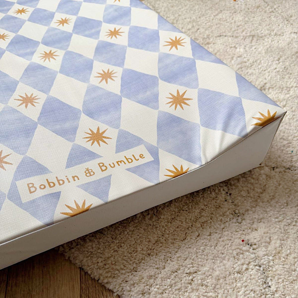 Bobbin and Bumble Anti-Roll Wedge Changing Mat - Blue Harlequin