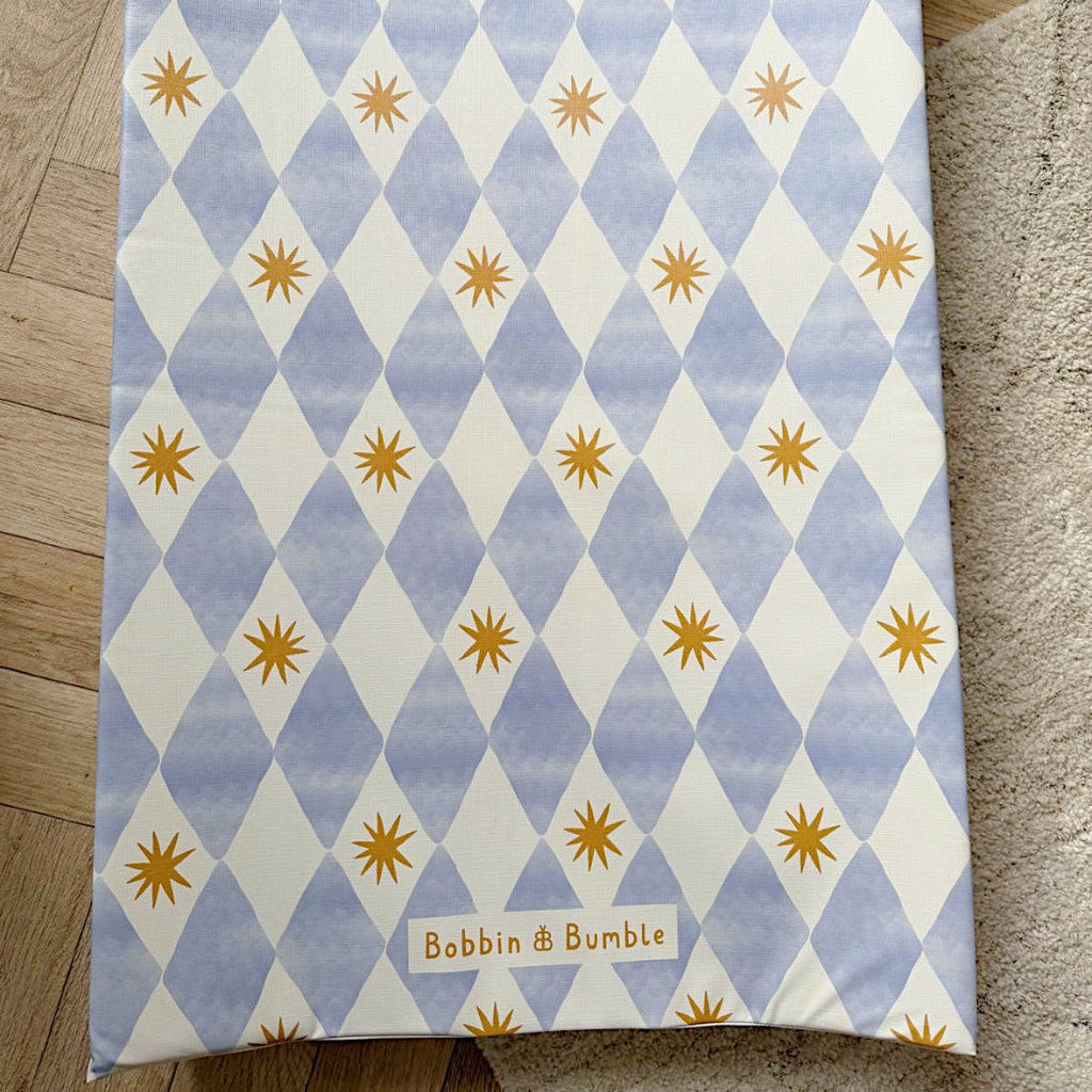 Bobbin and Bumble Anti-Roll Wedge Changing Mat - Blue Harlequin