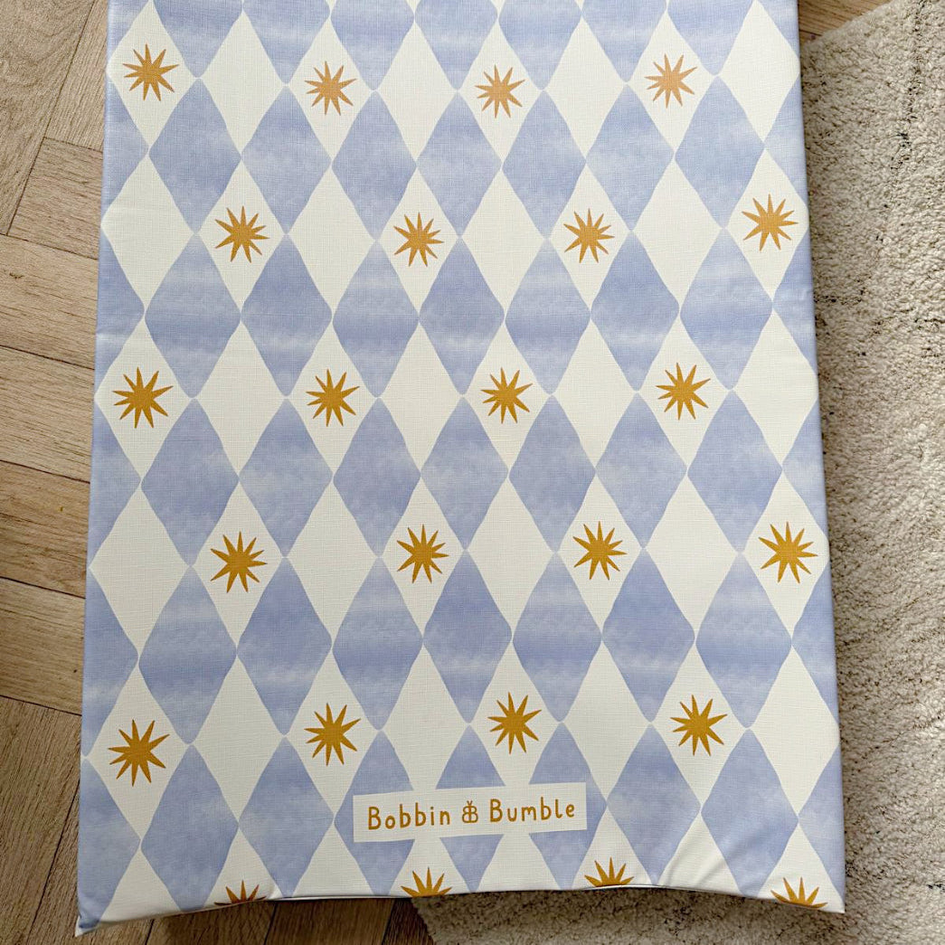 Bobbin and Bumble Anti-Roll Wedge Changing Mat - Blue Harlequin
