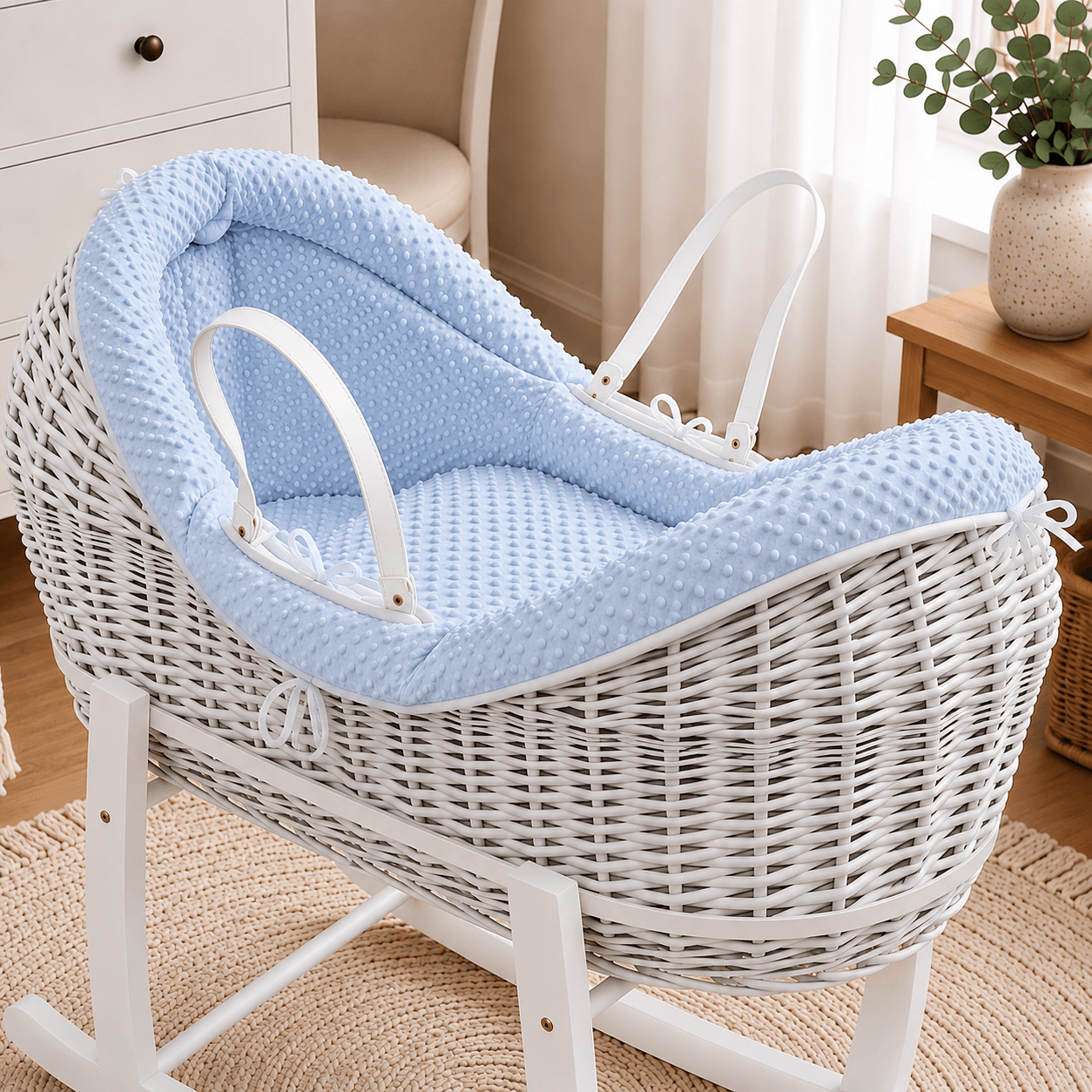 For Your Little One Wicker Deluxe Pod Baby Moses Basket With Stand & Bedding Set
