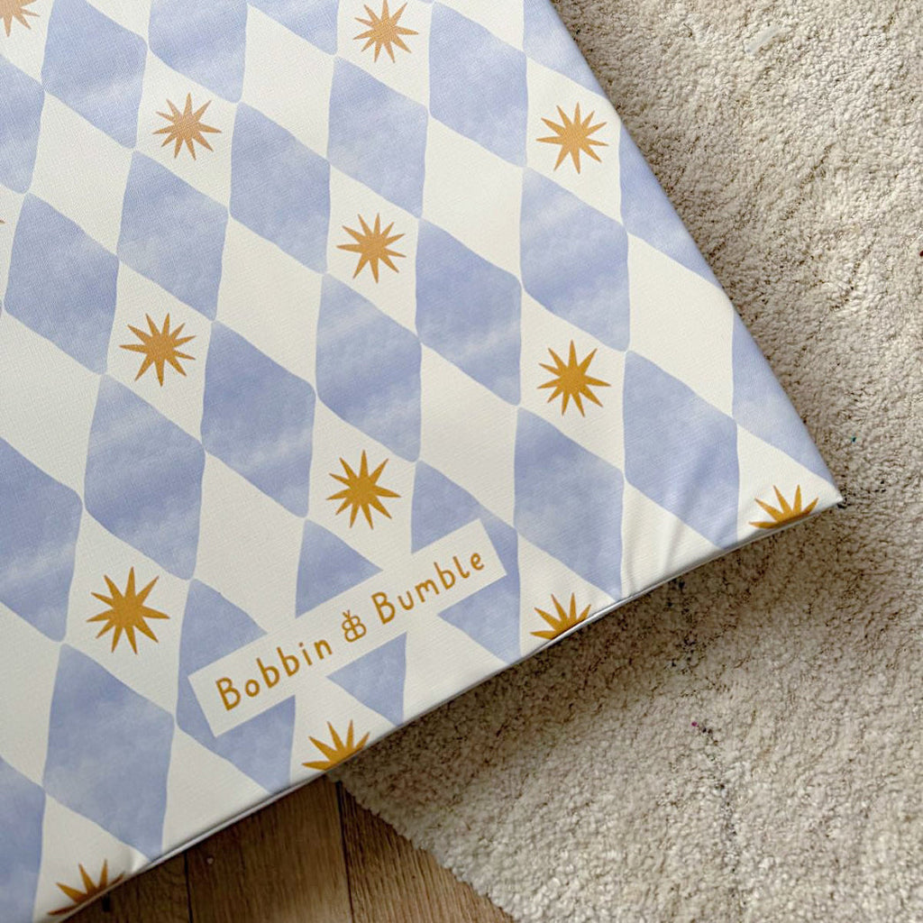 Bobbin and Bumble Anti-Roll Wedge Changing Mat - Blue Harlequin