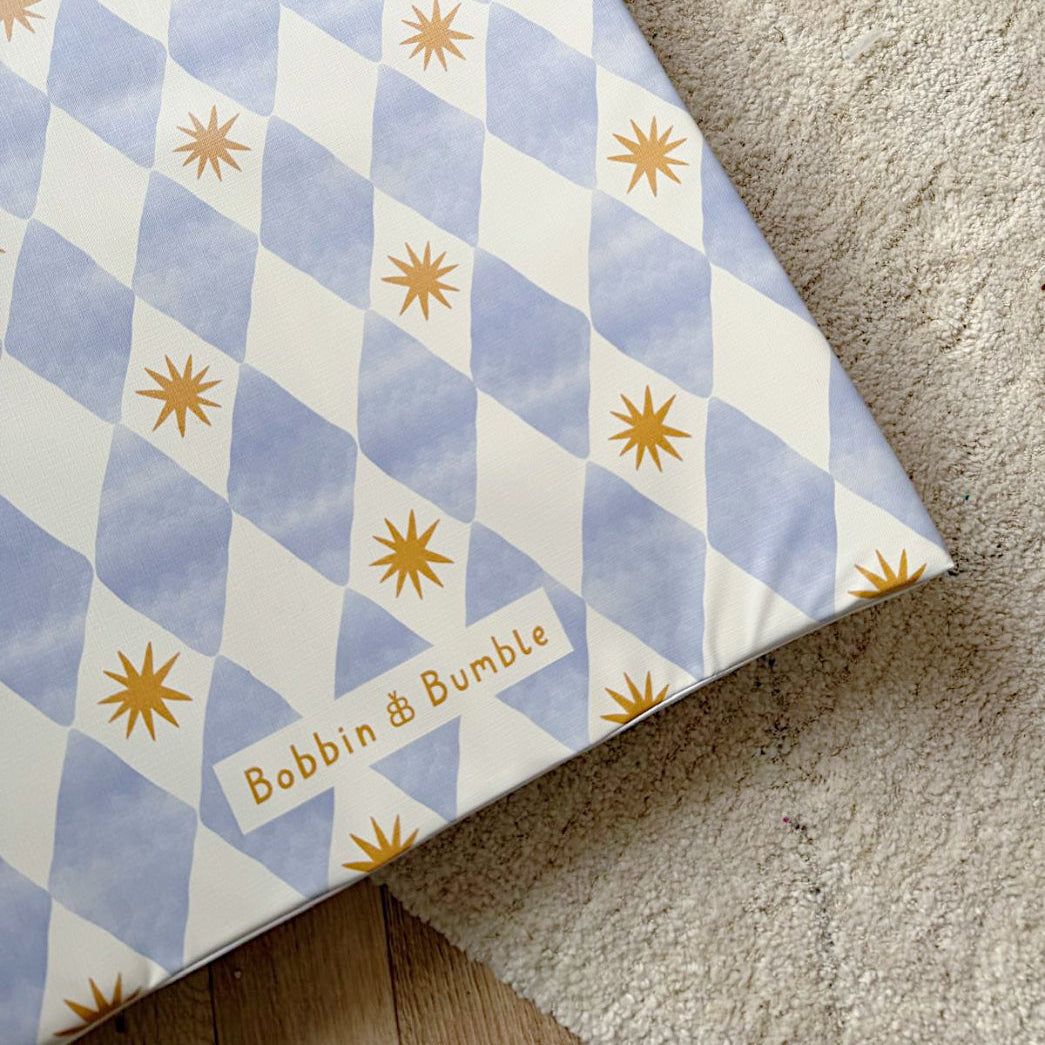 Bobbin and Bumble Anti-Roll Wedge Changing Mat - Blue Harlequin