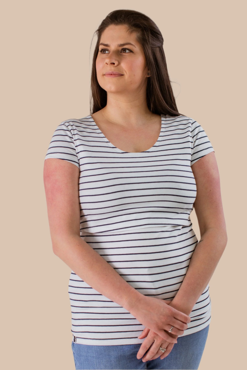 Bshirt Nursing Short Sleeved T-shirt - White with Navy Stripes