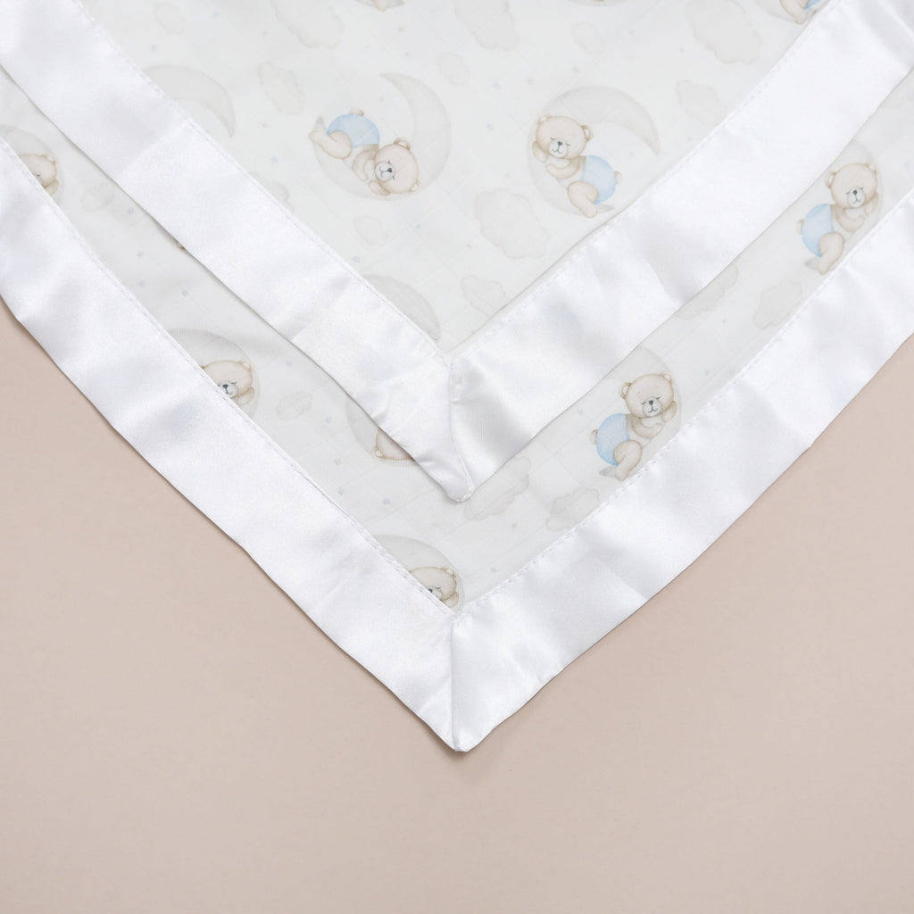 Bullabaloo Blue Sleeping Bears Comforter Blanket - White Satin - 2 Pack