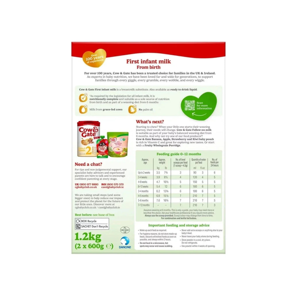 Cow and Gate 1 First Infant Milk Formula - from Birth 1.2kg (2x600g)