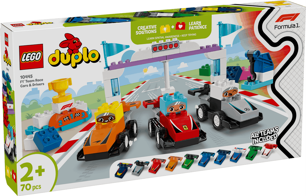 LEGO Duplo Formula 1 pit stop set packaging with toy cars and racers.