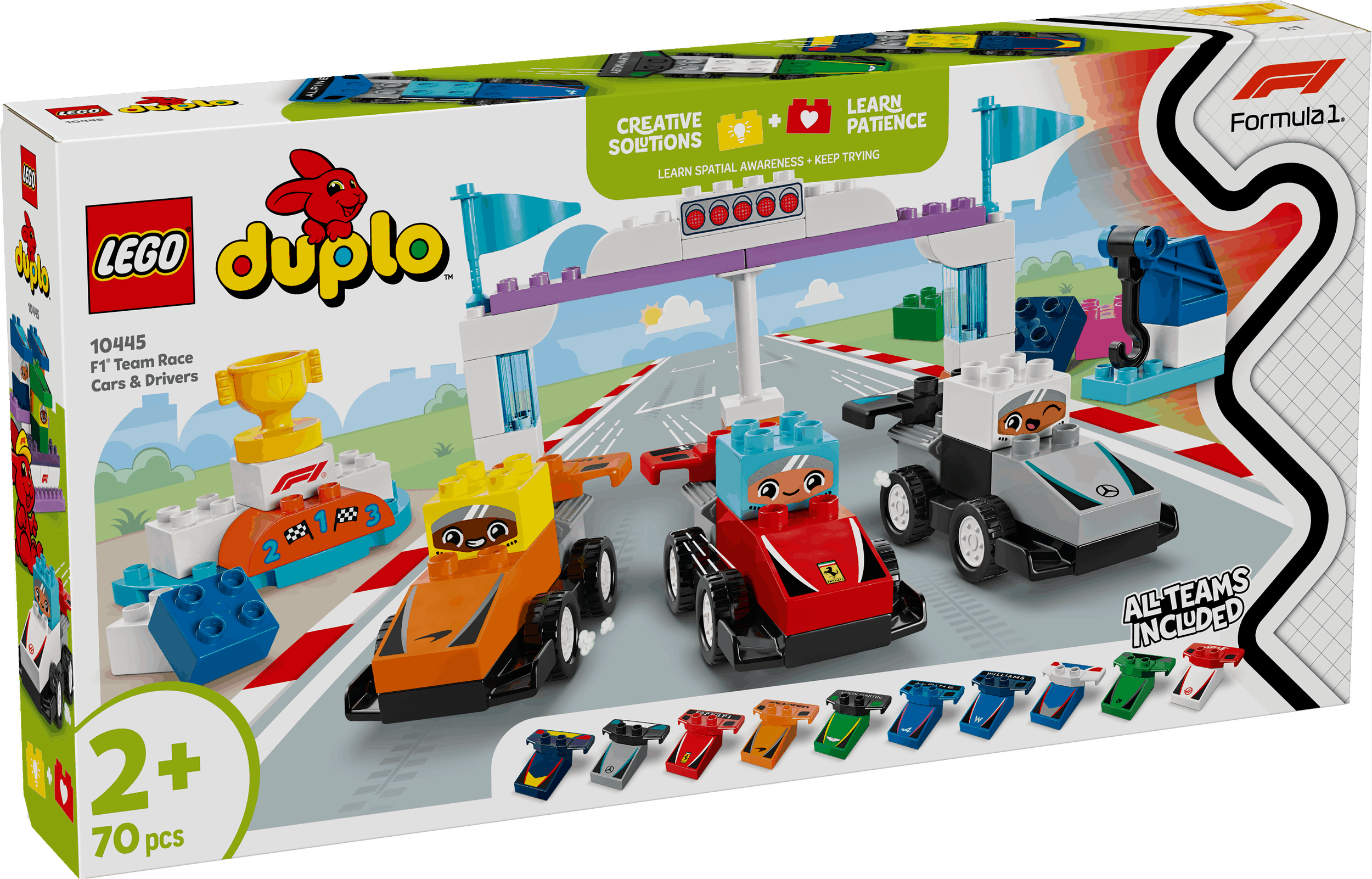 LEGO Duplo Formula 1 pit stop set packaging with toy cars and racers.