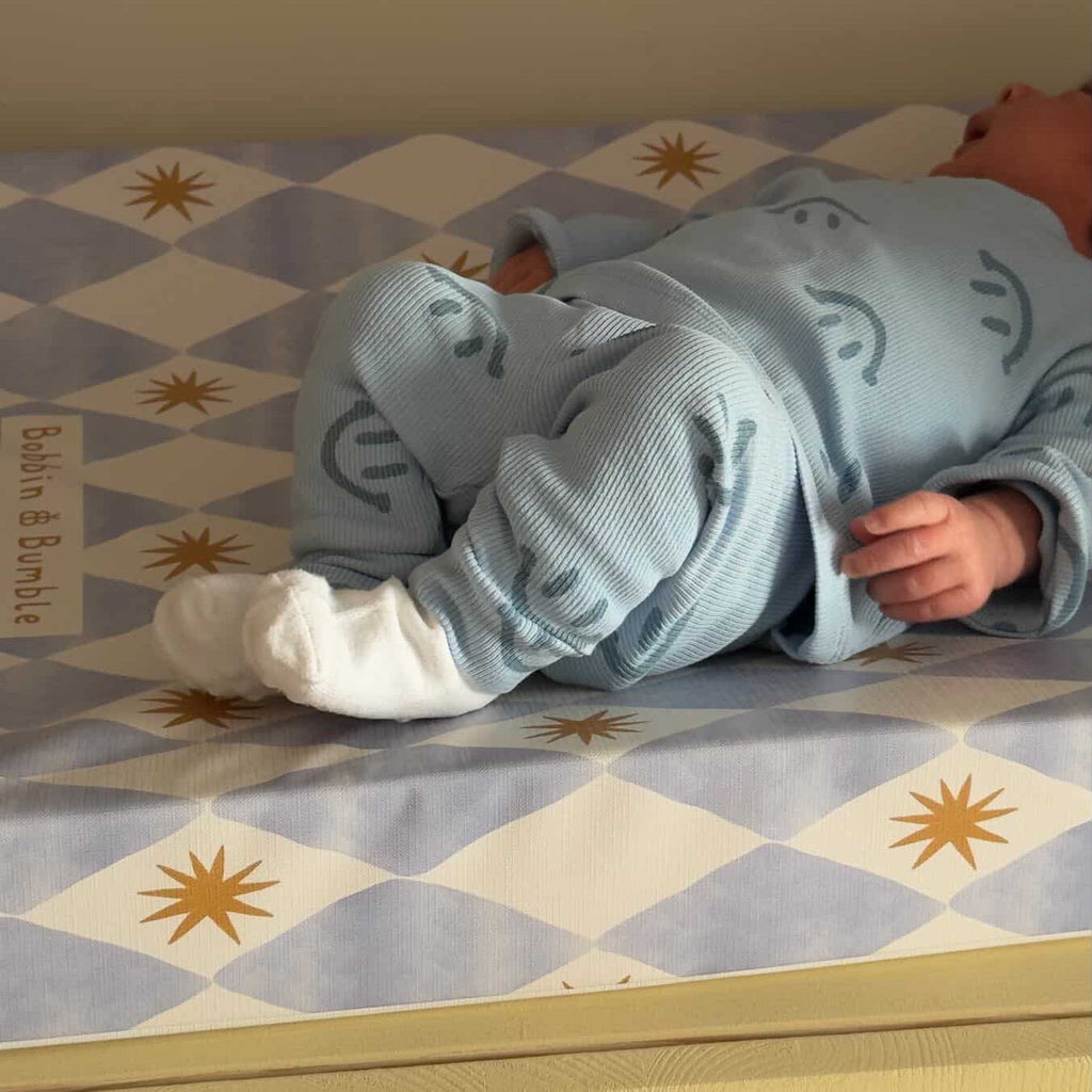 Bobbin and Bumble Anti-Roll Wedge Changing Mat - Blue Harlequin