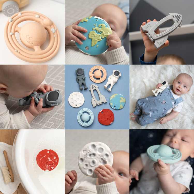 Collage of babies playing with various baby toys and items.