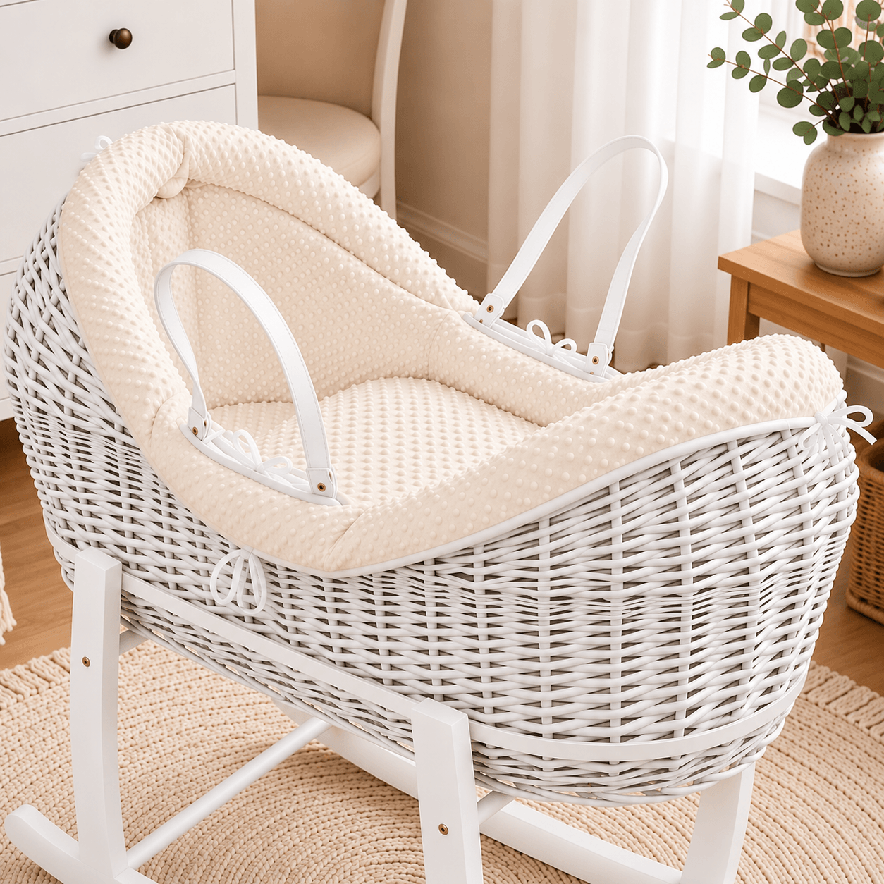 For Your Little One Wicker Deluxe Pod Baby Moses Basket With Stand & Bedding Set