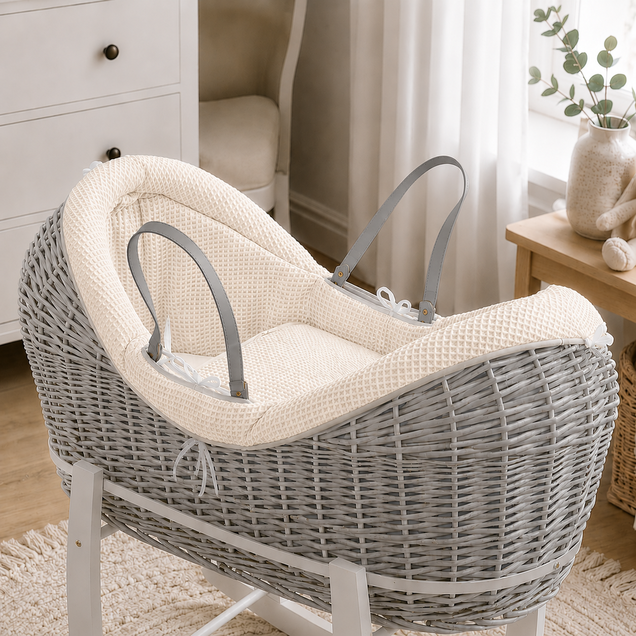 For Your Little One Wicker Deluxe Pod Baby Moses Basket With Stand & Bedding Set