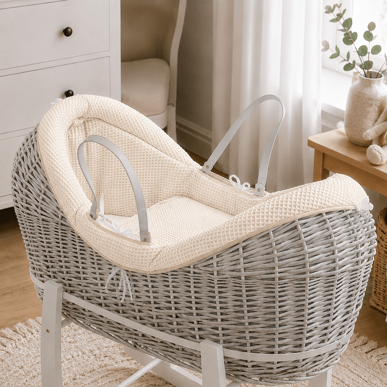 For Your Little One Wicker Deluxe Pod Baby Moses Basket With Stand & Bedding Set