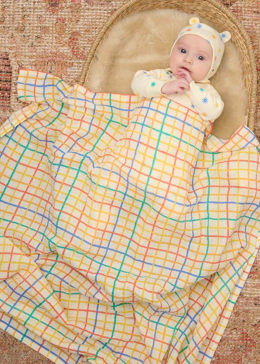 The bonniemob Organic Cotton Rainbow Check Large Baby Muslin Swaddle Blanket