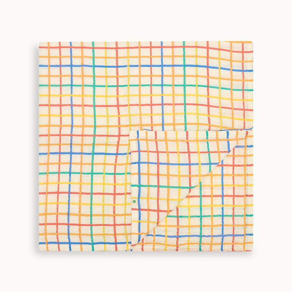 The bonniemob Organic Cotton Rainbow Check Large Baby Muslin Swaddle Blanket