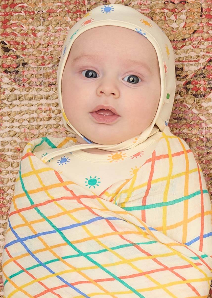 The bonniemob Organic Cotton Rainbow Check Large Baby Muslin Swaddle Blanket