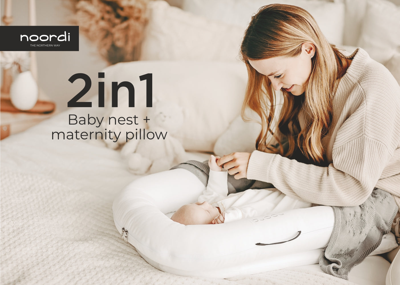Noordi 2 in 1 Deluxe Baby Nest & Maternity Pillow with Silver-Ion Cotton - White