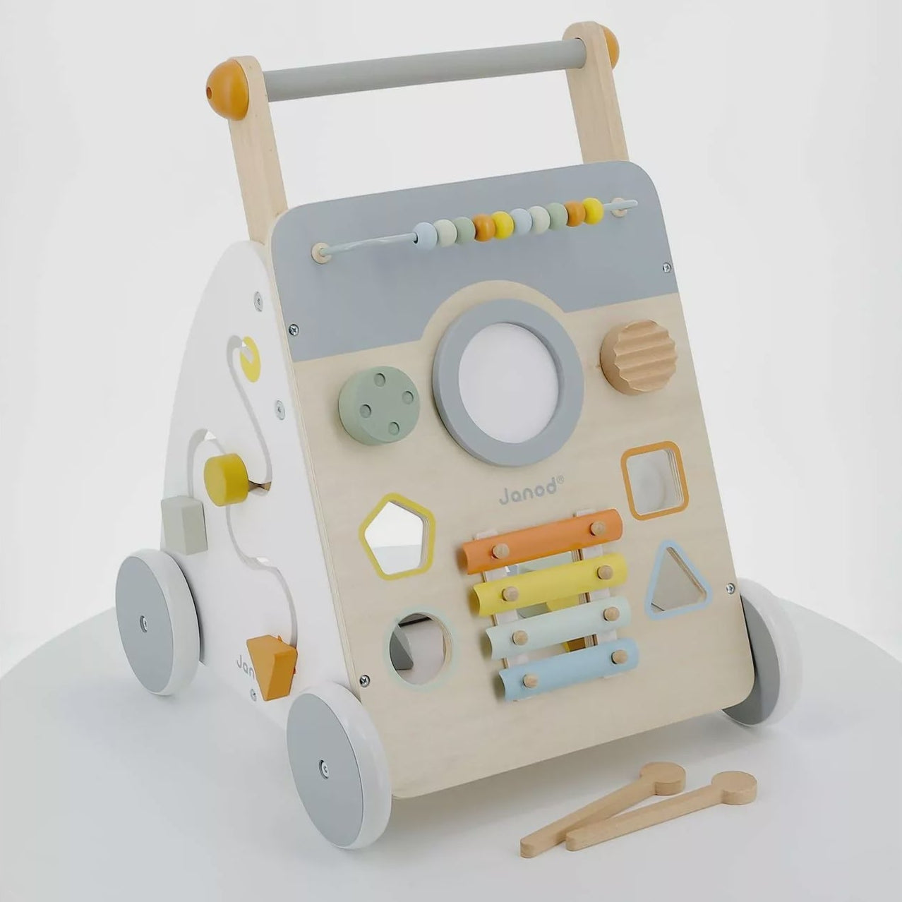 Wooden activity walker with various educational components on a white background