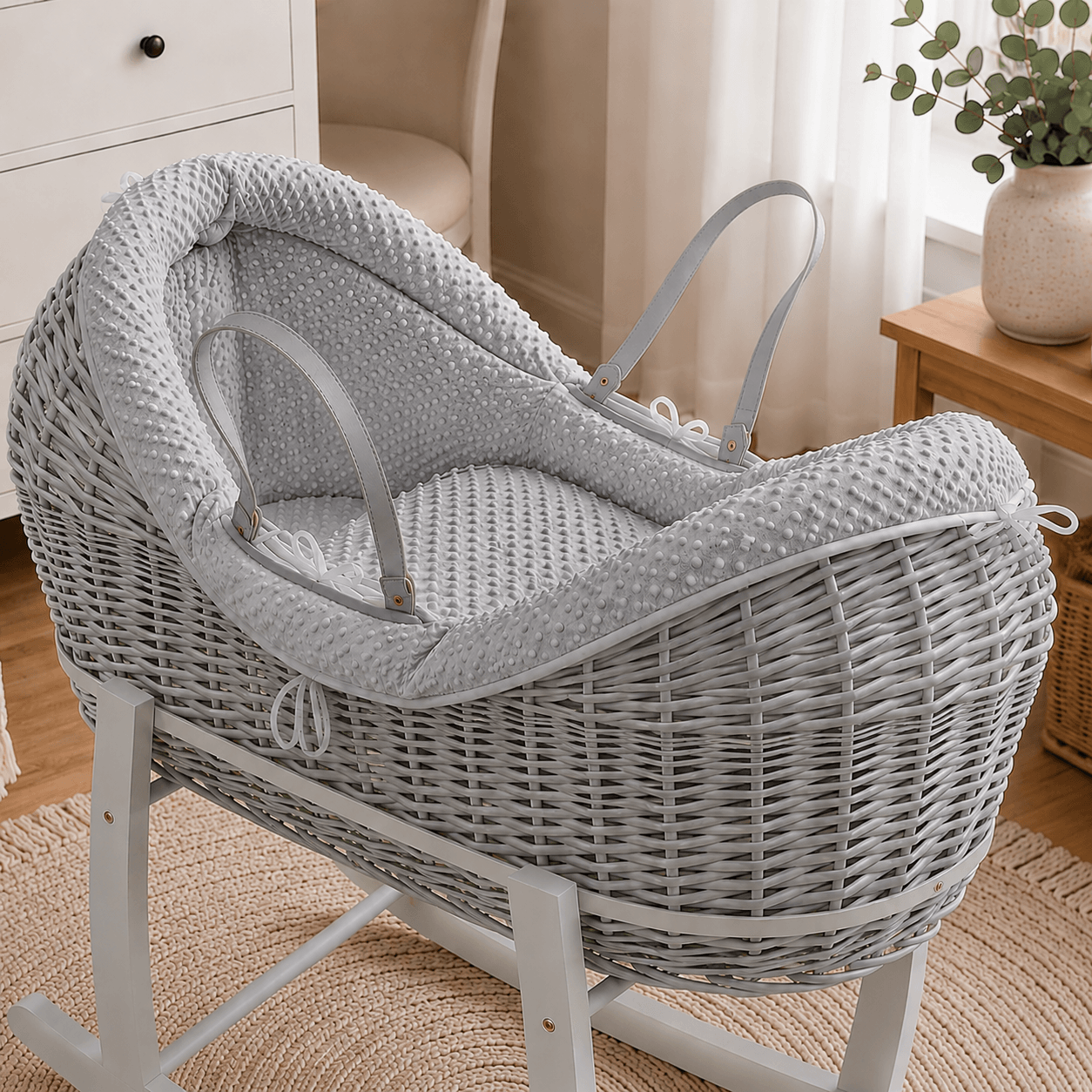 For Your Little One Wicker Deluxe Pod Baby Moses Basket With Stand & Bedding Set