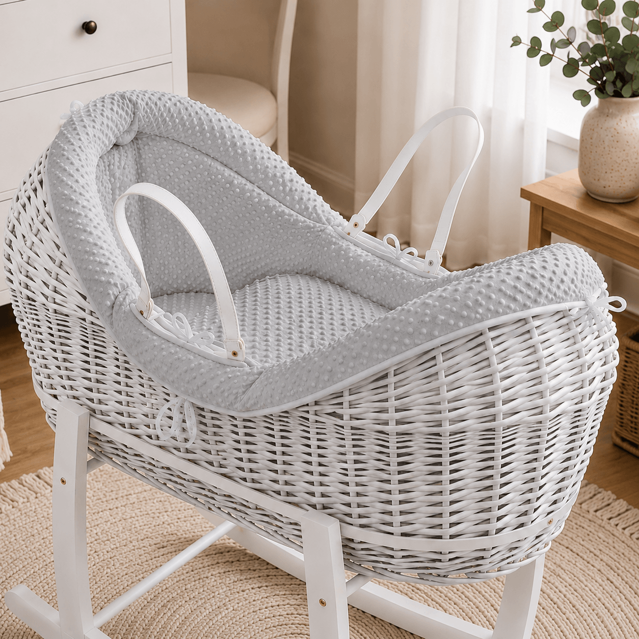 For Your Little One Wicker Deluxe Pod Baby Moses Basket With Stand & Bedding Set