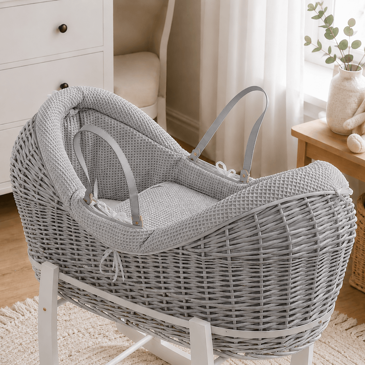 For Your Little One Wicker Deluxe Pod Baby Moses Basket With Stand & Bedding Set