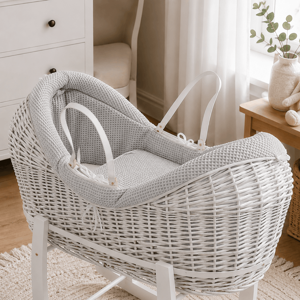 For Your Little One Wicker Deluxe Pod Baby Moses Basket With Stand & Bedding Set