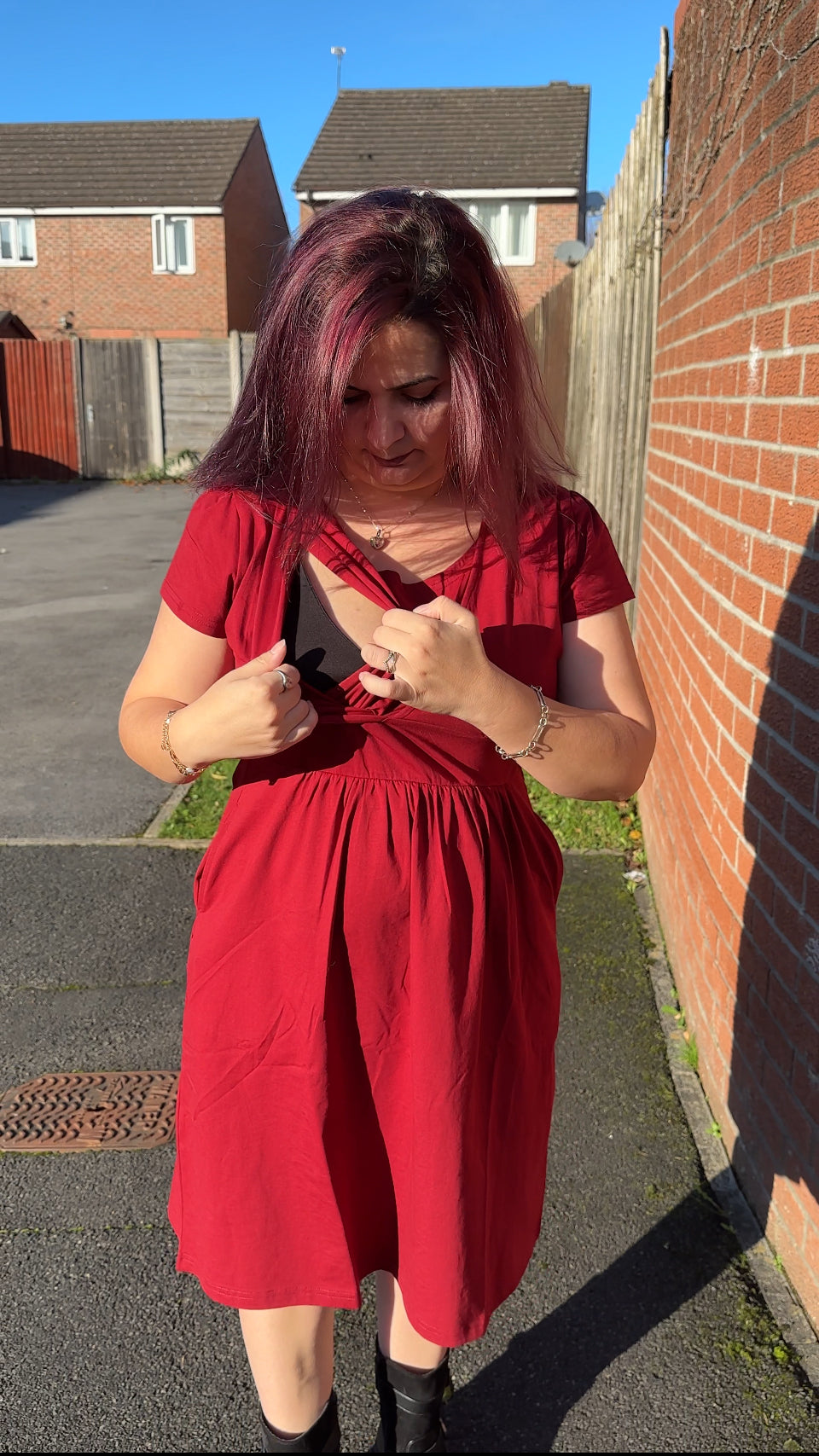 The Cotton Breastfeeding Dress - Burgundy Red