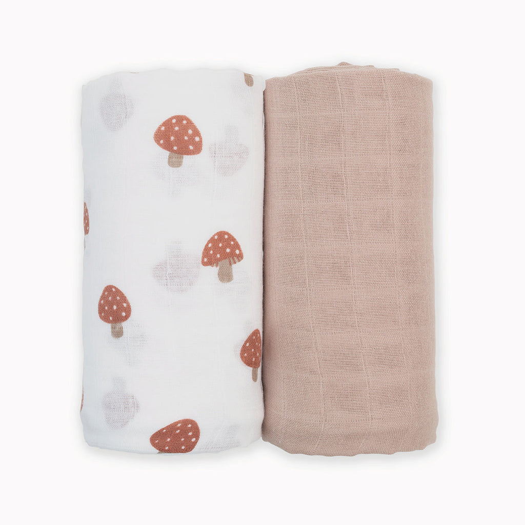 Lulujo - 2 Pack Cotton Swaddles - Mushrooms / Sand (100cm x100cm)